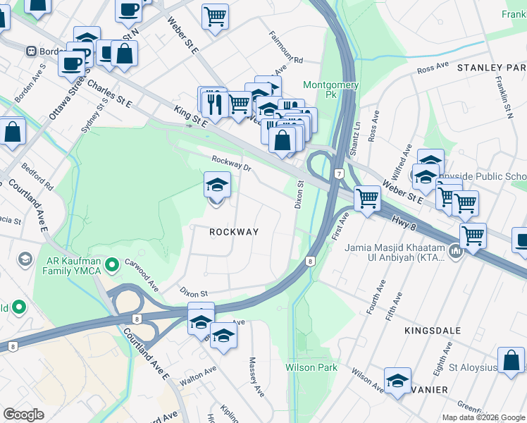 map of restaurants, bars, coffee shops, grocery stores, and more near 49 Plymouth Road in Kitchener