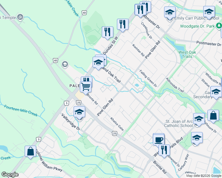 map of restaurants, bars, coffee shops, grocery stores, and more near 2435 Greenwich Drive in Oakville