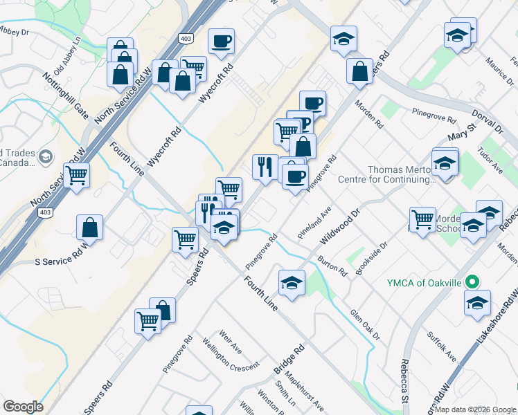 map of restaurants, bars, coffee shops, grocery stores, and more near 530 Speers Road in Oakville