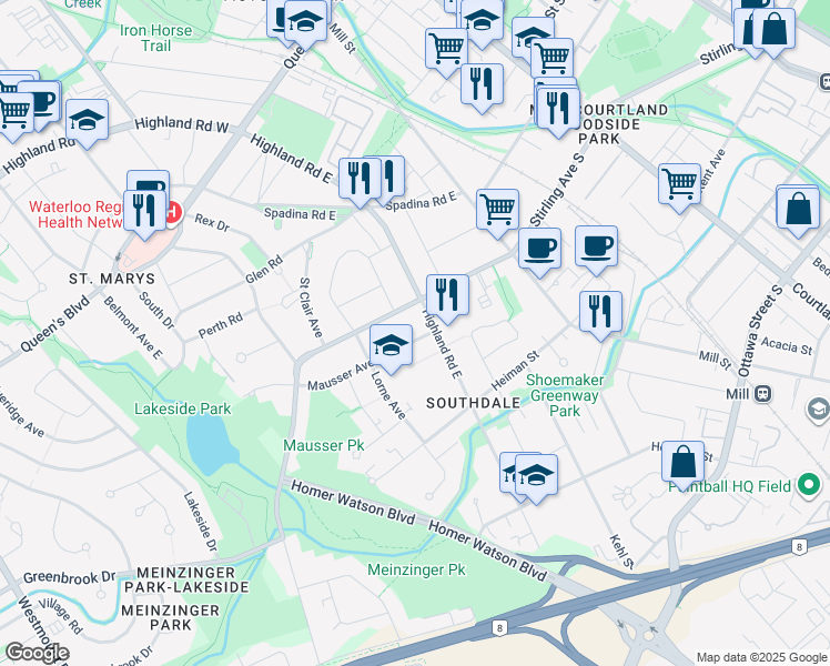 map of restaurants, bars, coffee shops, grocery stores, and more near 104 Mausser Avenue in Kitchener