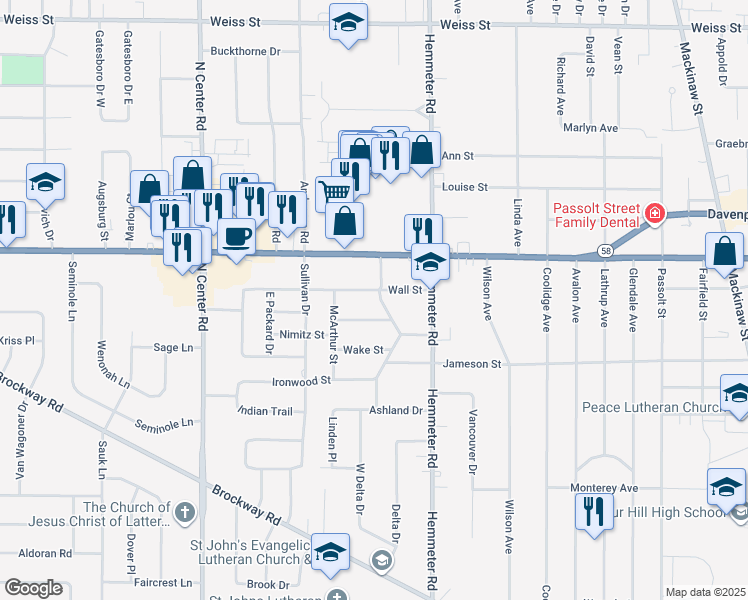 map of restaurants, bars, coffee shops, grocery stores, and more near 1885 North Westwood Drive in Saginaw