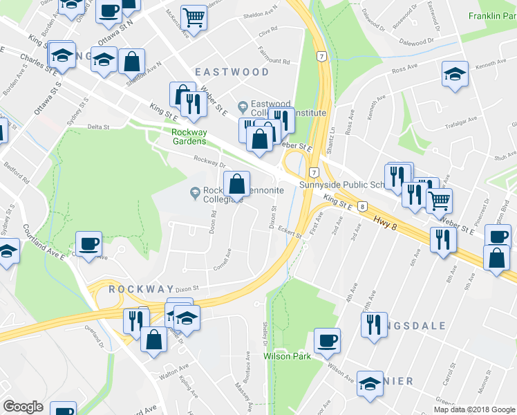 map of restaurants, bars, coffee shops, grocery stores, and more near 72 Plymouth Road in Kitchener