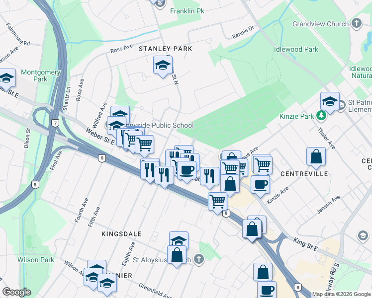 map of restaurants, bars, coffee shops, grocery stores, and more near 90 Arlington Boulevard in Kitchener