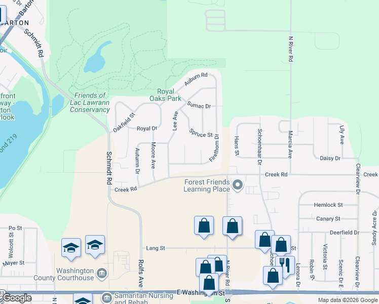 map of restaurants, bars, coffee shops, grocery stores, and more near 1206 Red Pine Court in West Bend