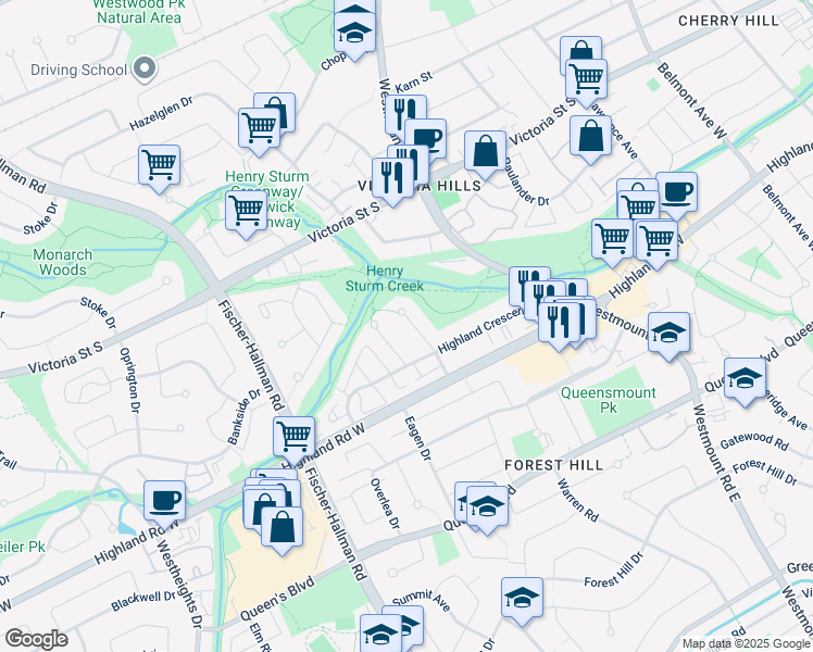 map of restaurants, bars, coffee shops, grocery stores, and more near 47 Camrose Court in Kitchener