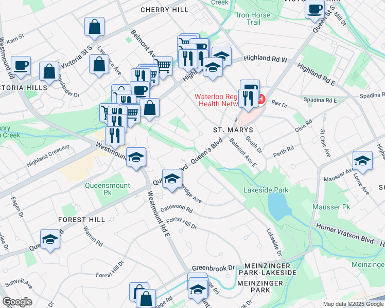 map of restaurants, bars, coffee shops, grocery stores, and more near 1122 Queen's Boulevard in Kitchener