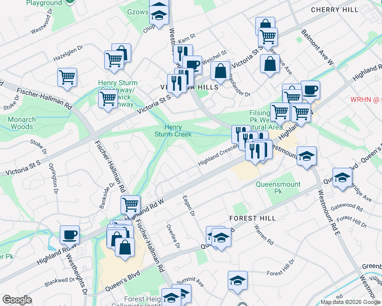 map of restaurants, bars, coffee shops, grocery stores, and more near 47 Camrose Court in Kitchener
