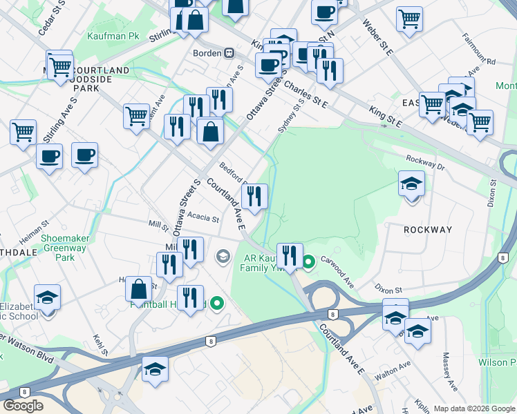 map of restaurants, bars, coffee shops, grocery stores, and more near in Kitchener