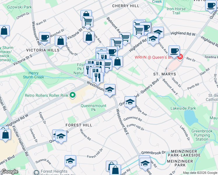 map of restaurants, bars, coffee shops, grocery stores, and more near in Kitchener