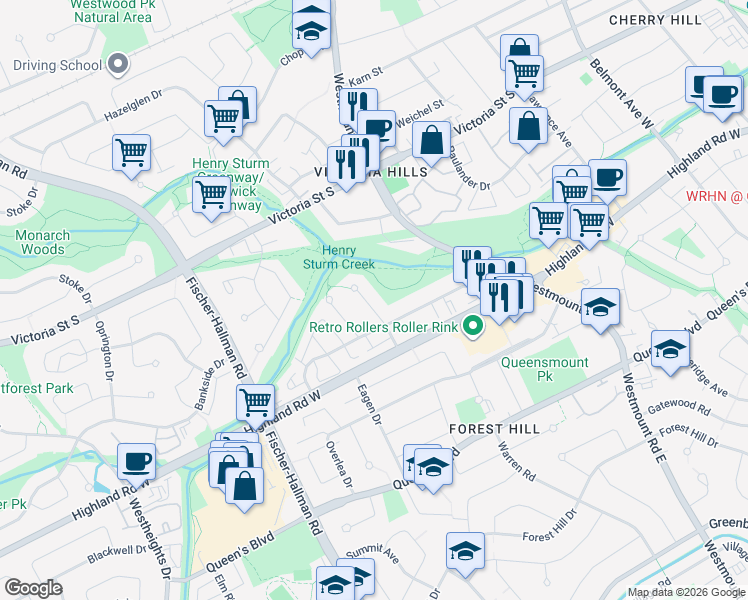 map of restaurants, bars, coffee shops, grocery stores, and more near 47 Camrose Court in Kitchener