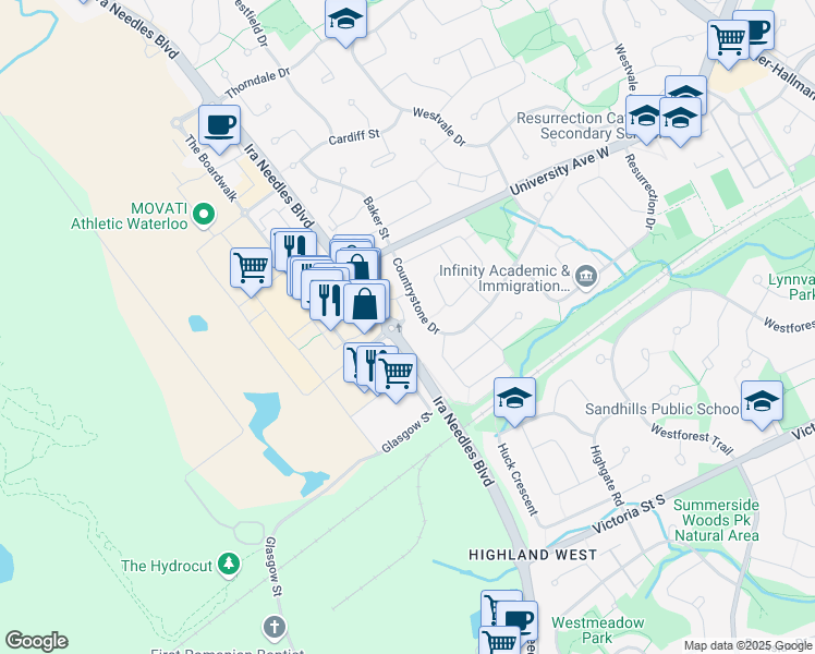 map of restaurants, bars, coffee shops, grocery stores, and more near 1331 Countrystone Drive in Kitchener