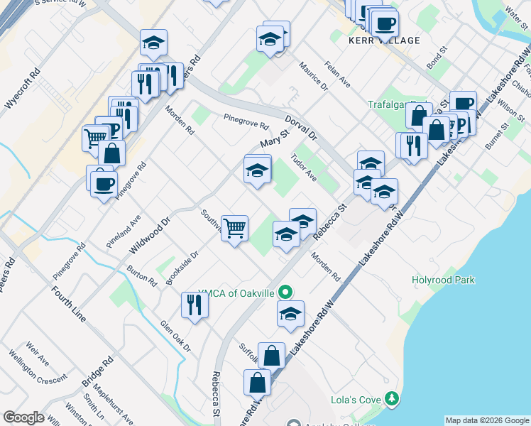 map of restaurants, bars, coffee shops, grocery stores, and more near 234 Morden Road in Oakville
