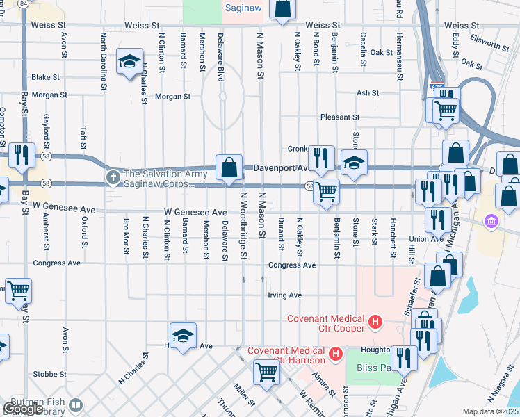 map of restaurants, bars, coffee shops, grocery stores, and more near 1502 West Genesee Avenue in Saginaw