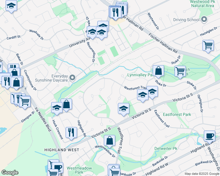 map of restaurants, bars, coffee shops, grocery stores, and more near 22 Greencroft Court in Kitchener