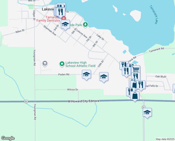 map of restaurants, bars, coffee shops, grocery stores, and more near 9098 Paden Road in Lakeview