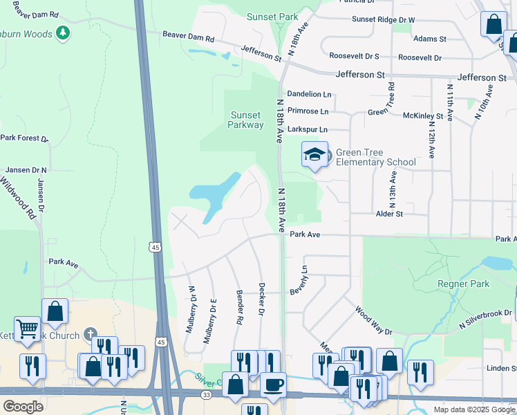 map of restaurants, bars, coffee shops, grocery stores, and more near 1140 North Glenwood Circle in West Bend
