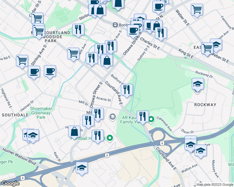 map of restaurants, bars, coffee shops, grocery stores, and more near 253 Sydney Street South in Kitchener