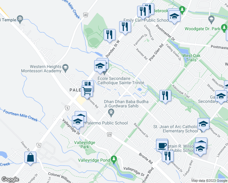 map of restaurants, bars, coffee shops, grocery stores, and more near 2427 Greenwich Drive in Oakville