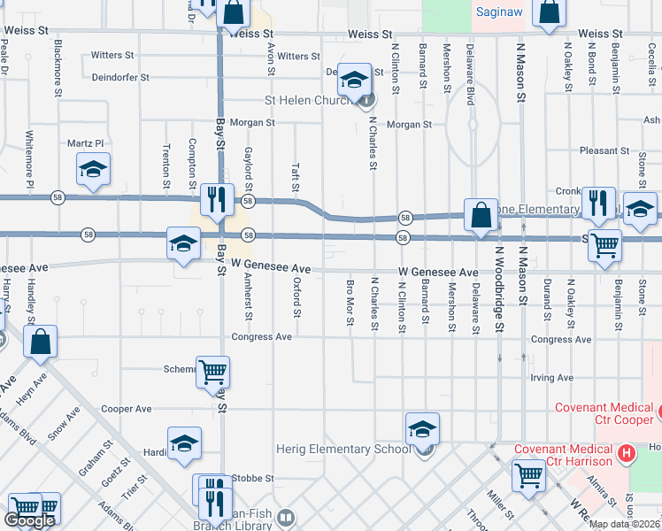 map of restaurants, bars, coffee shops, grocery stores, and more near 2002 North Carolina Street in Saginaw