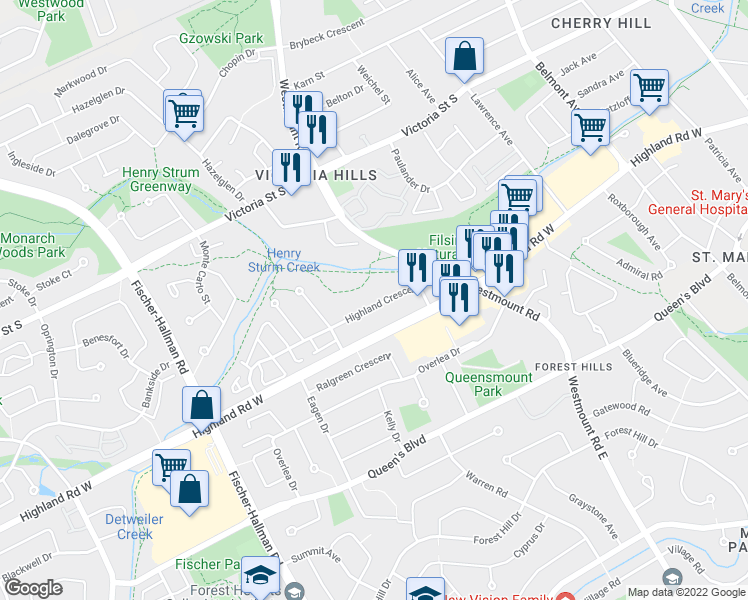 map of restaurants, bars, coffee shops, grocery stores, and more near 80 Highland Crescent in Kitchener