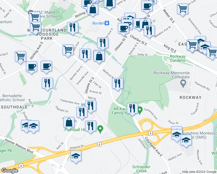 map of restaurants, bars, coffee shops, grocery stores, and more near 253 Sydney Street South in Kitchener