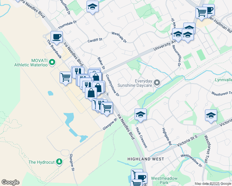 map of restaurants, bars, coffee shops, grocery stores, and more near 1340 Countrystone Drive in Kitchener