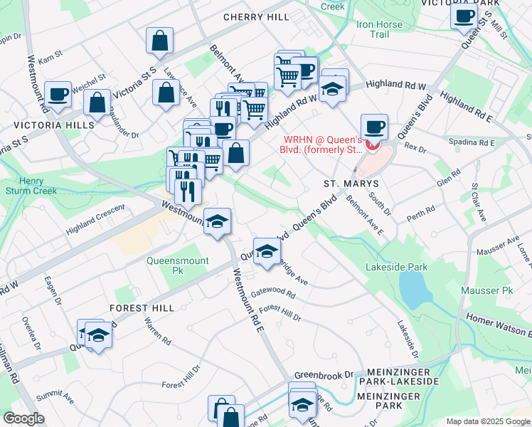 map of restaurants, bars, coffee shops, grocery stores, and more near 35 Hearth Crescent in Kitchener