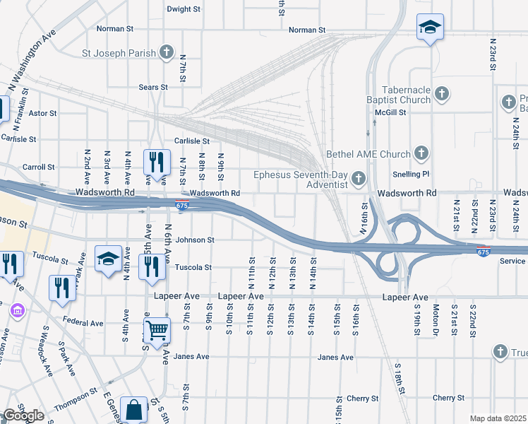 map of restaurants, bars, coffee shops, grocery stores, and more near 402 North 11th Street in Saginaw