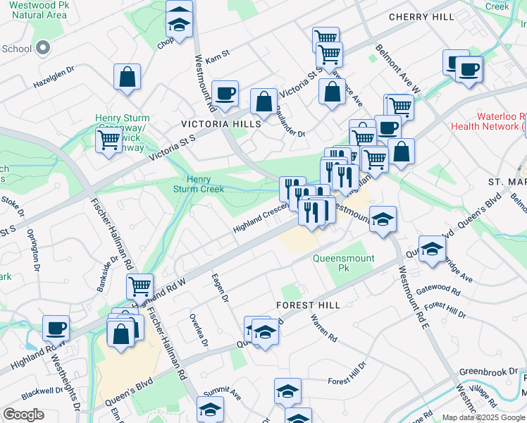 map of restaurants, bars, coffee shops, grocery stores, and more near 78 Highland Crescent in Kitchener