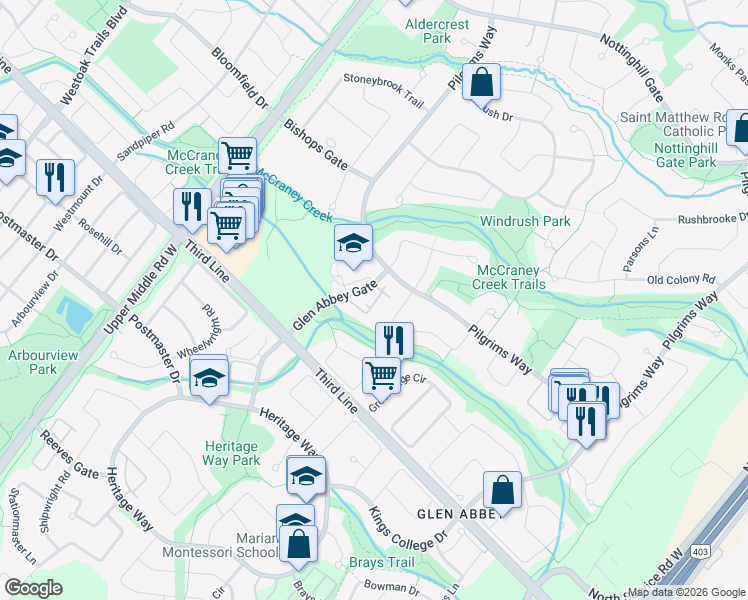 map of restaurants, bars, coffee shops, grocery stores, and more near 1450 Glen Abbey Gate in Oakville