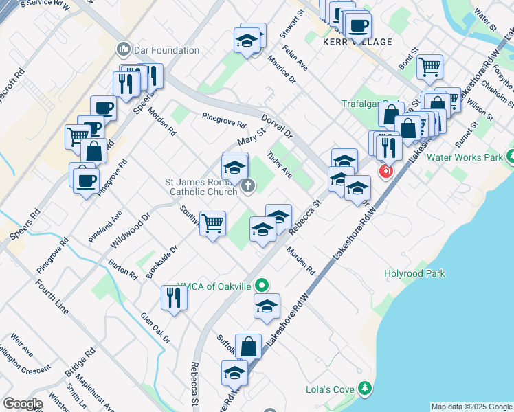 map of restaurants, bars, coffee shops, grocery stores, and more near 221 Morden Road in Oakville