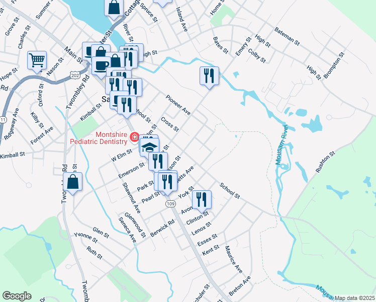 map of restaurants, bars, coffee shops, grocery stores, and more near 82 School Street in Sanford