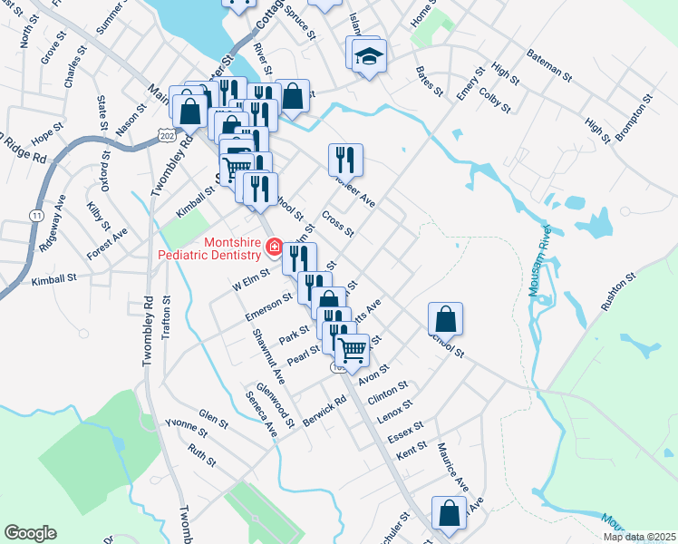 map of restaurants, bars, coffee shops, grocery stores, and more near 71 School Street in Sanford