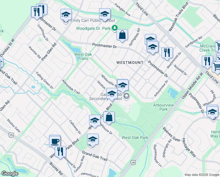 map of restaurants, bars, coffee shops, grocery stores, and more near 2201 Stratus Drive in Oakville