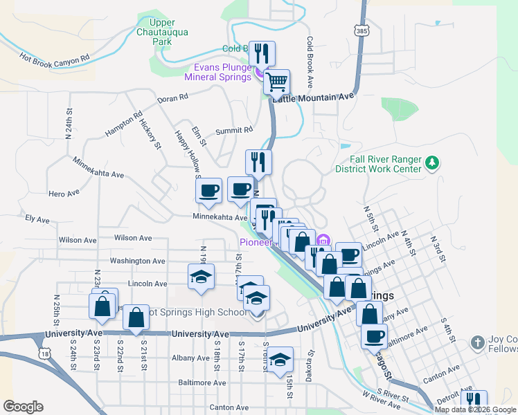 map of restaurants, bars, coffee shops, grocery stores, and more near 1510 National Avenue in Hot Springs