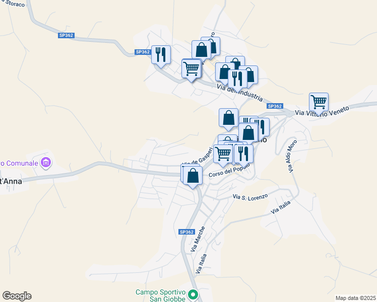 map of restaurants, bars, coffee shops, grocery stores, and more near 44 Via Giulia Fonte in Filottrano