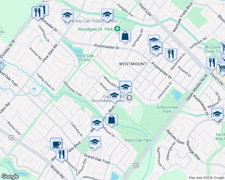 map of restaurants, bars, coffee shops, grocery stores, and more near 2201 Stratus Drive in Oakville