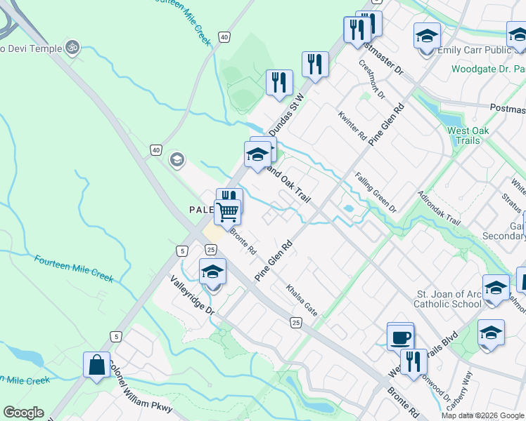 map of restaurants, bars, coffee shops, grocery stores, and more near 2441 Greenwich Drive in Oakville