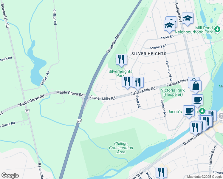 map of restaurants, bars, coffee shops, grocery stores, and more near 345 Fisher Mills Road in Cambridge