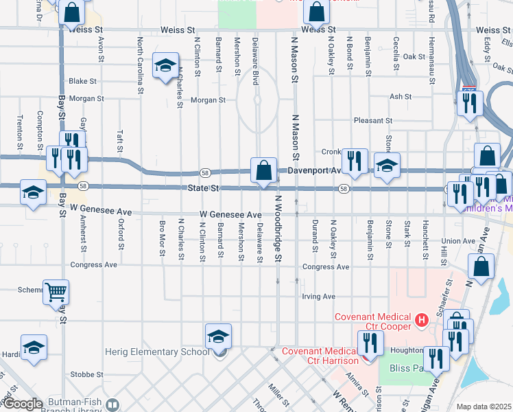 map of restaurants, bars, coffee shops, grocery stores, and more near 2009 Delaware Street in Saginaw