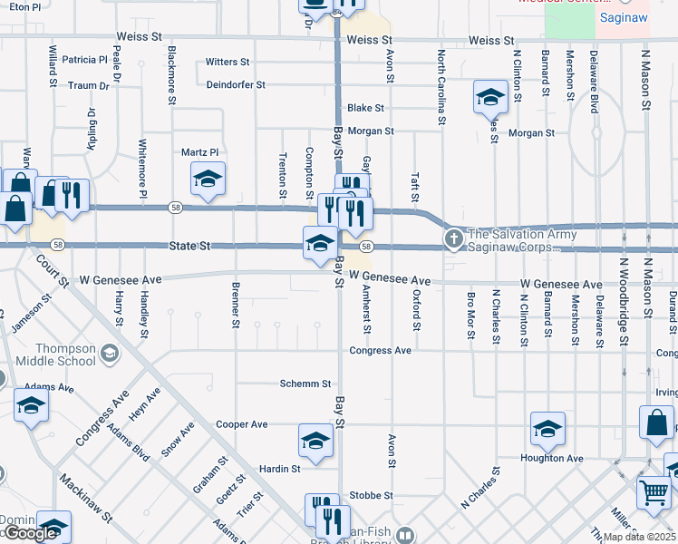 map of restaurants, bars, coffee shops, grocery stores, and more near 2011 Bay Street in Saginaw