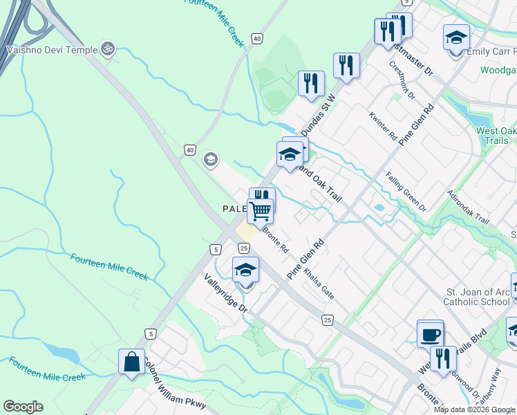 map of restaurants, bars, coffee shops, grocery stores, and more near 2525 Old Bronte Road in Oakville