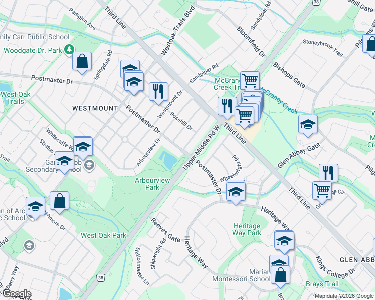map of restaurants, bars, coffee shops, grocery stores, and more near 2001 Rosemount Crescent in Oakville