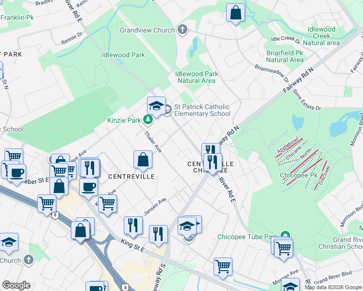 map of restaurants, bars, coffee shops, grocery stores, and more near in Kitchener