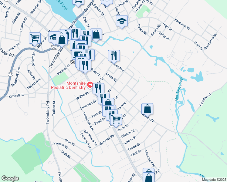 map of restaurants, bars, coffee shops, grocery stores, and more near 71 School Street in Sanford