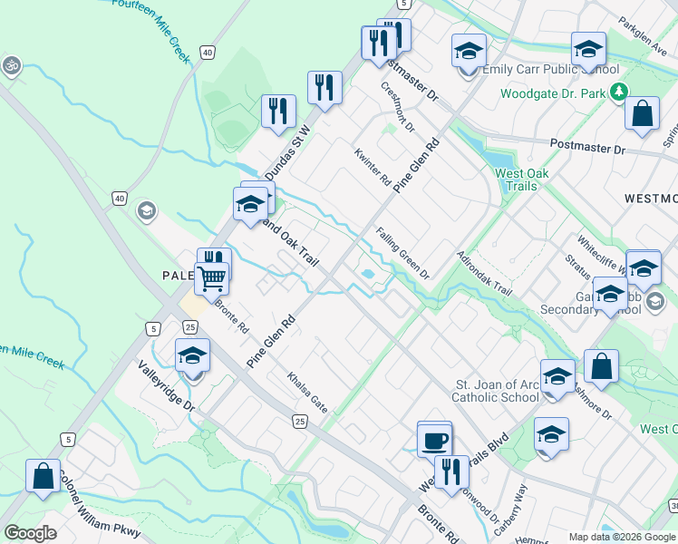 map of restaurants, bars, coffee shops, grocery stores, and more near 2462 Pine Glen Road in Oakville
