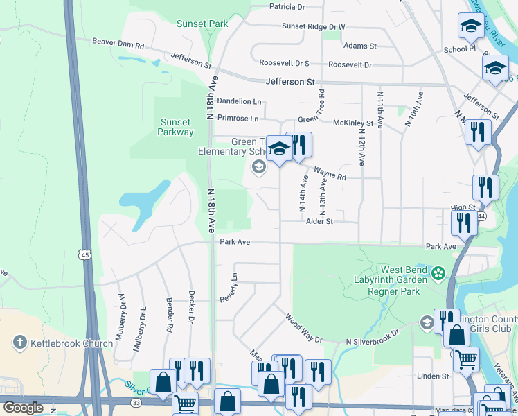 map of restaurants, bars, coffee shops, grocery stores, and more near 1527 Quietwood Lane in West Bend
