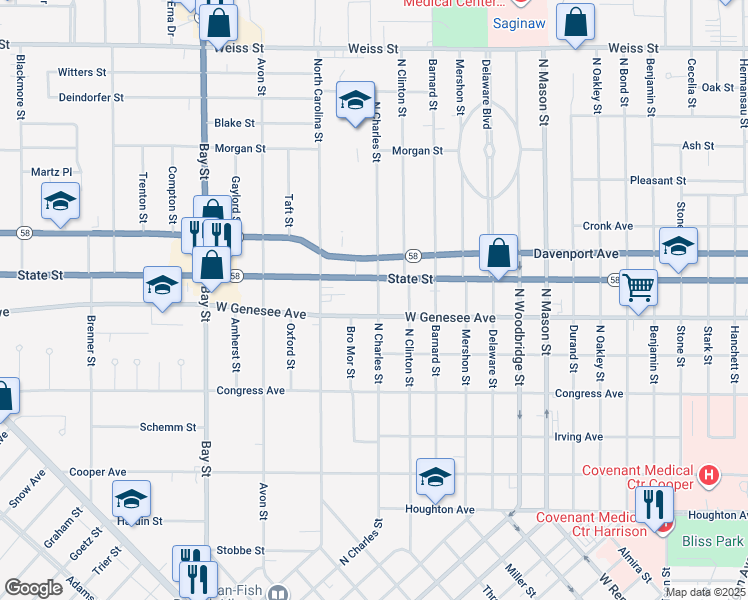 map of restaurants, bars, coffee shops, grocery stores, and more near 2015 North Charles Street in Saginaw