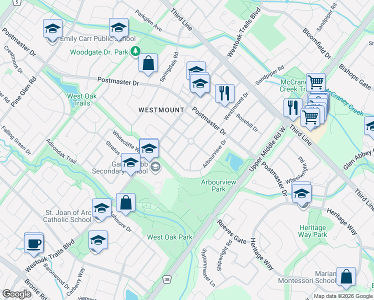 map of restaurants, bars, coffee shops, grocery stores, and more near 2146 Shady Glen Road in Oakville