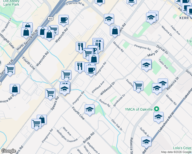 map of restaurants, bars, coffee shops, grocery stores, and more near 492 Pinegrove Road in Oakville